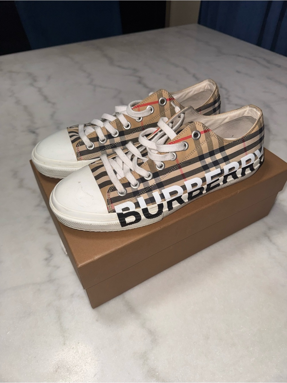 Burberry Beige Check Low-Top Mens Sneakers with White Accents
